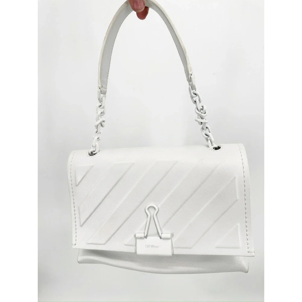 Off White White Leather Embossed Diagonal Stripe Soft‎ Binder Clip Shoulder Bag